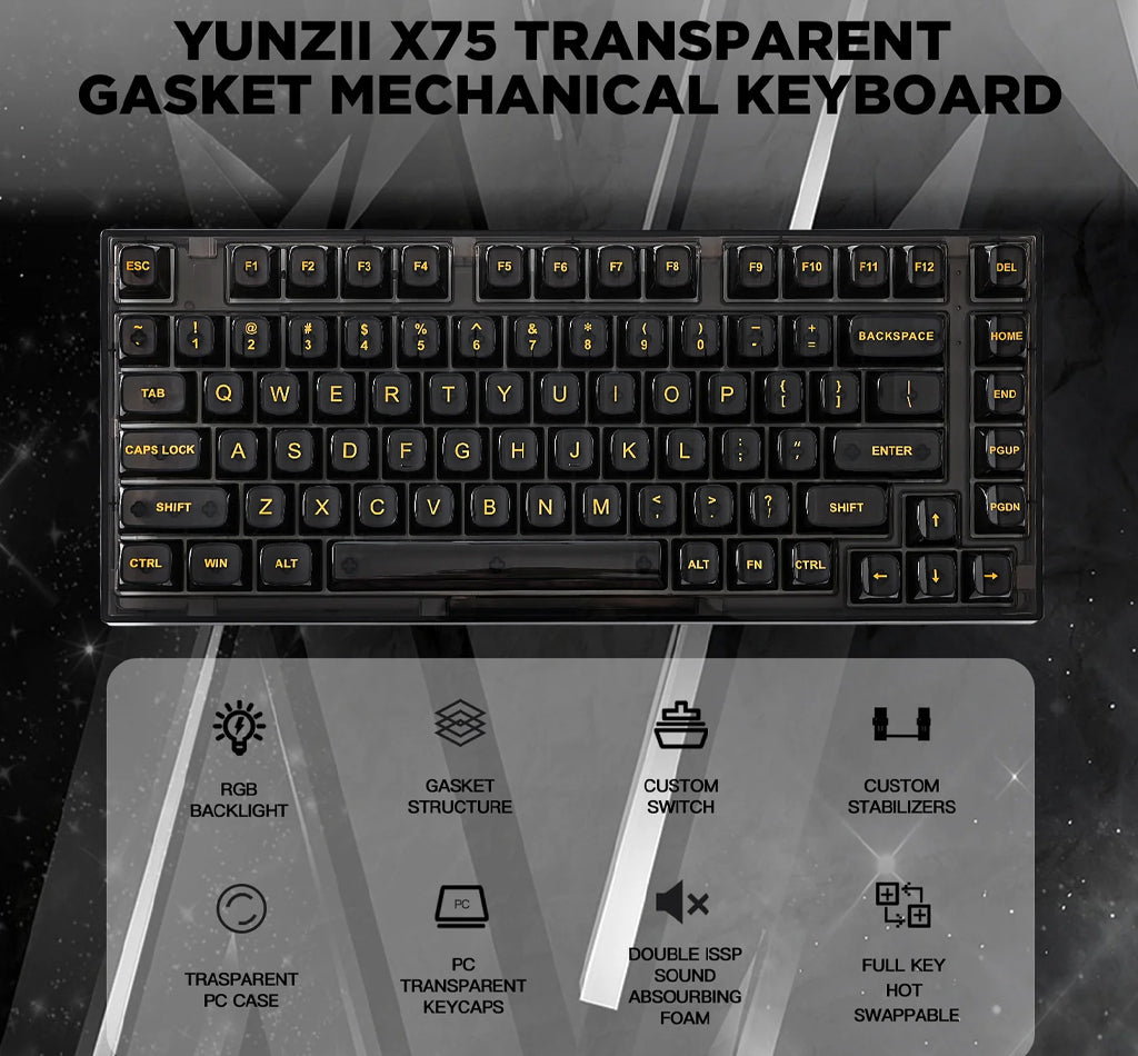 Yunzii X75 82 Keys Wired Hot Swappable Gasket Transparent Mechanical Keyboard