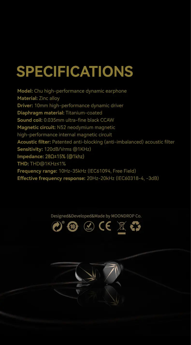 Moondrop Chu Earphone 10mm IEM Wired Dynamic Driver HiFi In-ear Headphone