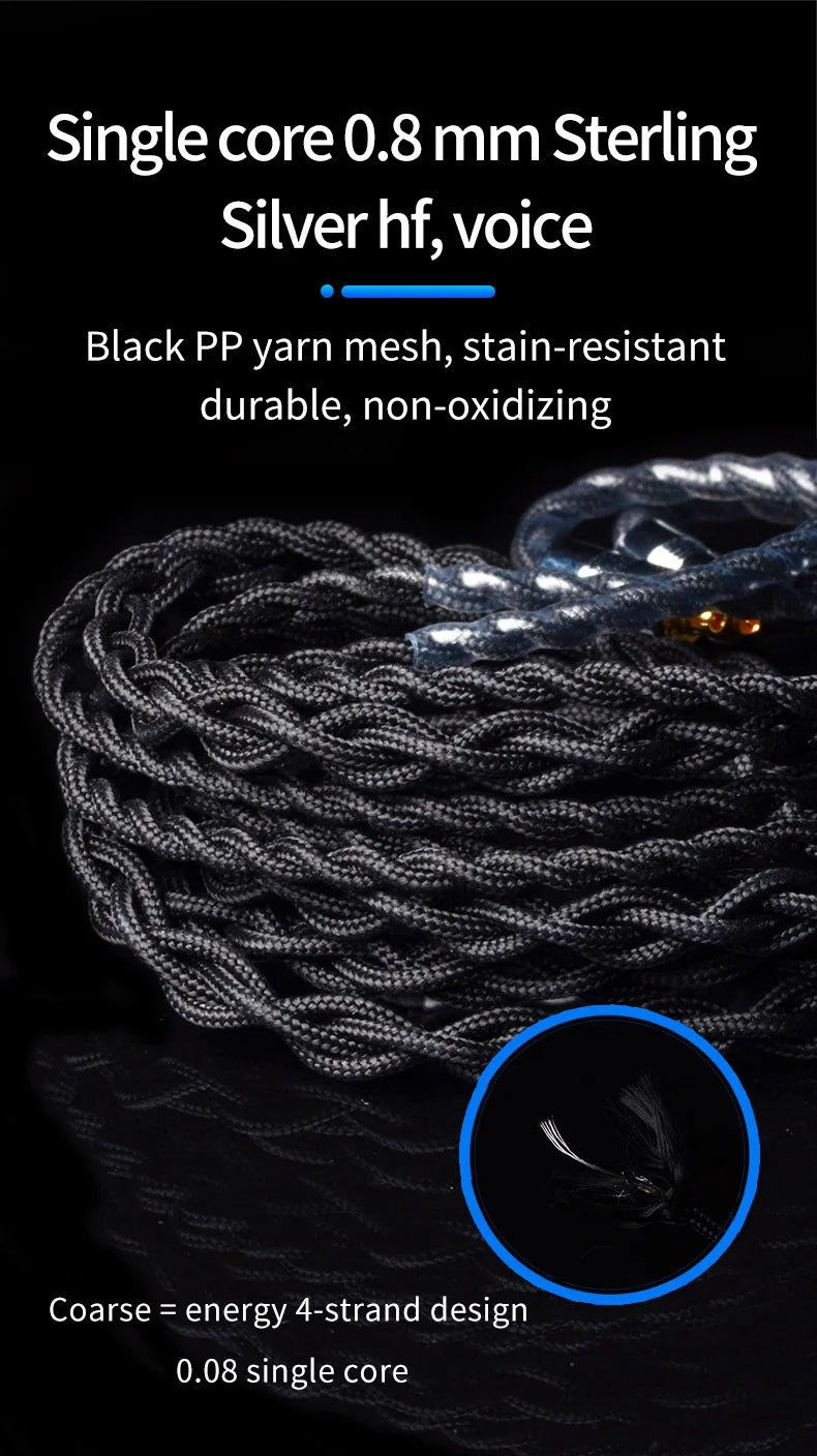 YONGSE BLACK KNIGHT EARPHONE UPGRADE CABLE 4 CORE STERLING SILVER (3.5MM/2PIN)